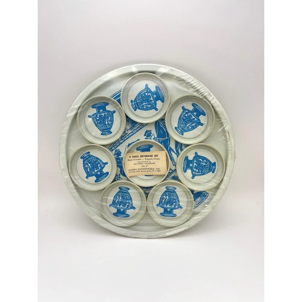 Vintage MCM National Toleware Set Blue & White Coaster and Serving Tray Set
